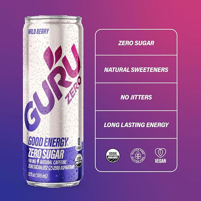GURU ZERO SUGAR Wild Berry Organic Energy Drink with Plant Based Natural Caffeine from Green Tea, Coconut Water, Prebiotic, Zero Added Sugars, Gluten Free & Vegan, Pre Workout, 140MG Caffeine, 12 Oz (Pack of 24) - Bloomnest