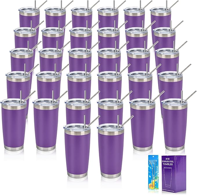 IEOVIEE 32 Pack, 20oz Stainless Steel Bulk Tumblers with Lids and Straws, Double Wall Insulated Travel Mug, Durable Powder Coated Tumbler Bulk Cup for Cold and Hot Drinks(Purple) - Bloomnest