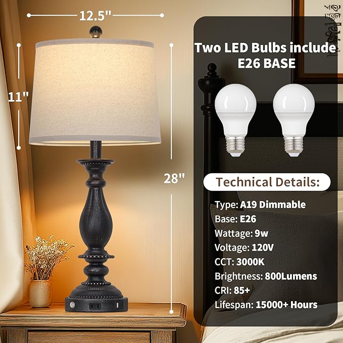 28" Tall Farmhouse Table Lamps for Living Room Set of 2,Vintage Rustic Black Bedside Touch Lamp with USB C+A Ports & AC Outlet, 3-Way Dimmable Resin Nightstand Lamp for Bedroom Entryway Office - Bloomnest