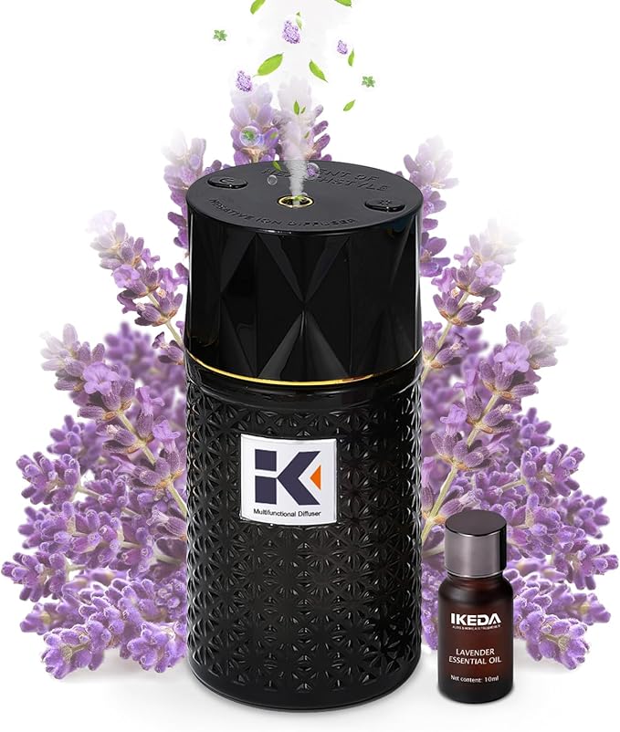 Ikeda Essential Oil Diffuser with Negative Ions, 250ml Glass Aromatherapy Diffuser with 10mL Lavender Essential Oil,3 Modes & 2000 mAH Battery Operated Car Diffuser with Night Light for Home,Black