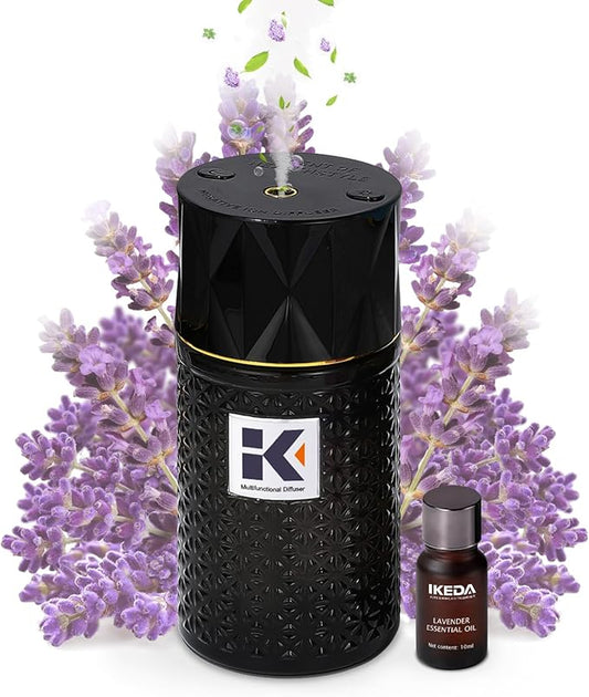 Ikeda Essential Oil Diffuser with Negative Ions, 250ml Glass Aromatherapy Diffuser with 10mL Lavender Essential Oil,3 Modes & 2000 mAH Battery Operated Car Diffuser with Night Light for Home,Black