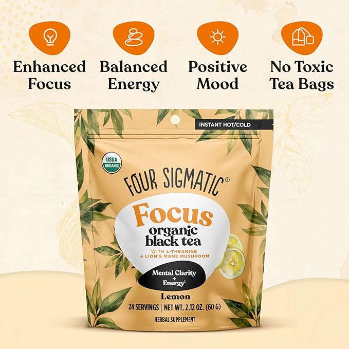 Four Sigmatic Think Organic Black Tea | Instant Lemon Tea w/Lion's Mane & L-Theanine for Mental Clarity & Focus | Organic Herbal Teas w/Adaptogens | Vegan, Gluten-Free | Lemon, 24 Servings - Bloomnest