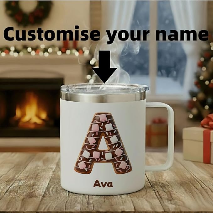 Personalized Christmas Mug | Custom Gingerbread Initial Insulated Coffee Cup with Handle & Lid | 12oz Holiday Tumbler, Cute Stocking Stuffer Gift for Women & Kids (B07) - Bloomnest