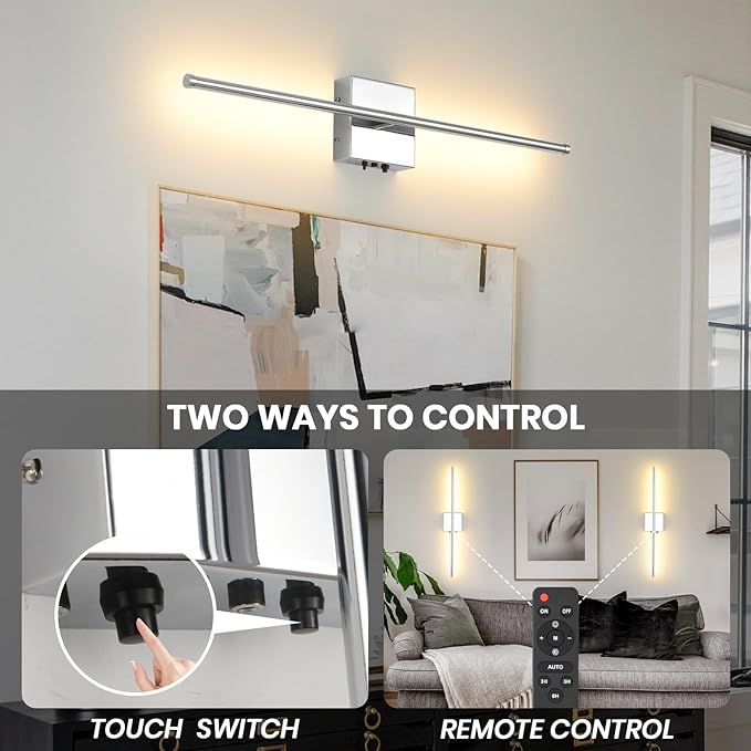 LED Wireless Battery Operated Wall Sconces, 11000mAh Rechargeable Chrome Wall Lights with Remote Control, 350°Rotate Dimmable Wall Lamp, 3 Color Temperatures, for Bedroom Living Room Hallway, 1 PCS - Bloomnest