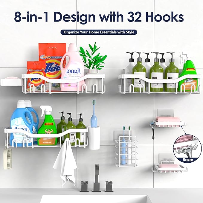 Shower Caddy Adhesive Shower Organizer 8-Pack, Rustproof Stainless Steel Bathroom Shelves, Large Capacity No-Drill Rack Storage Accessories with Soap Dish Toothbrush Holder Hooks - Bloomnest