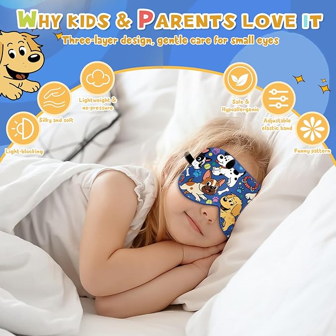 Silk Kids Sleep Mask: 100% Mulberry Silk Eye Mask, Sleeping Masks with Adjustable Strap, Soft & Light-Blocking Printed Kid Eye Cover for Boys Girls Teens Aged 5-15 (Puppy Theme) - Bloomnest