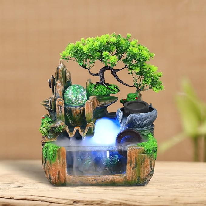 Gdrasuya10 Indoor Fountain, Tabletop Rockery Fountain with LED Lights, Goldfish Waterfall, Durable Resin Material, Ideal for Office, Home, Bedroom