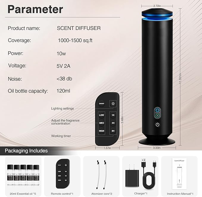 Waterless Scent Diffuser Starter Kit - 1500 Sq Ft Coverage, Scent Diffuser for Home, Hotel, Studio, Essential Oil Diffuser Large Room, 7 Mood Lights Setting, 5 Essential Oils Included, Black, 11.50In - Bloomnest