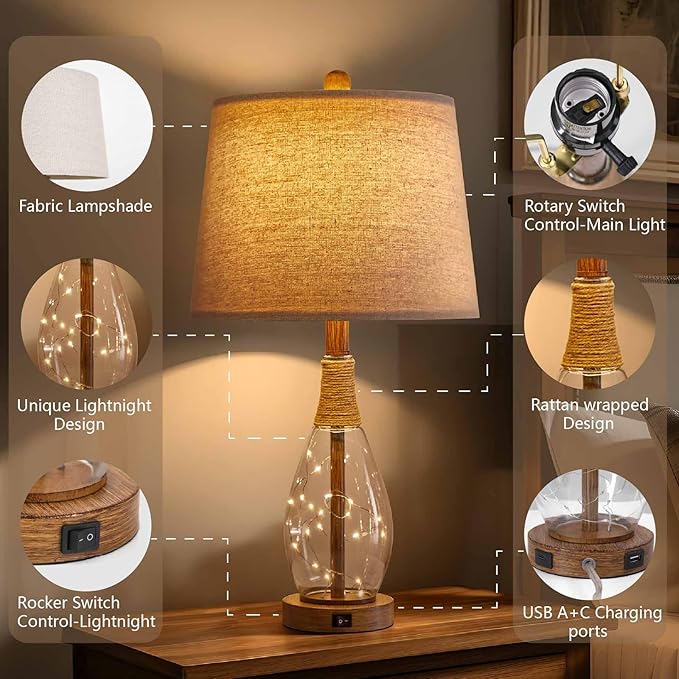 OYEARS 23" USB A+C Table Lamp for Bedroom Living Room Modern Bedside Lamps Retro Farmhouse Rattan Glass Nightstand Nightlight Lamps,Two Light Points - Bloomnest
