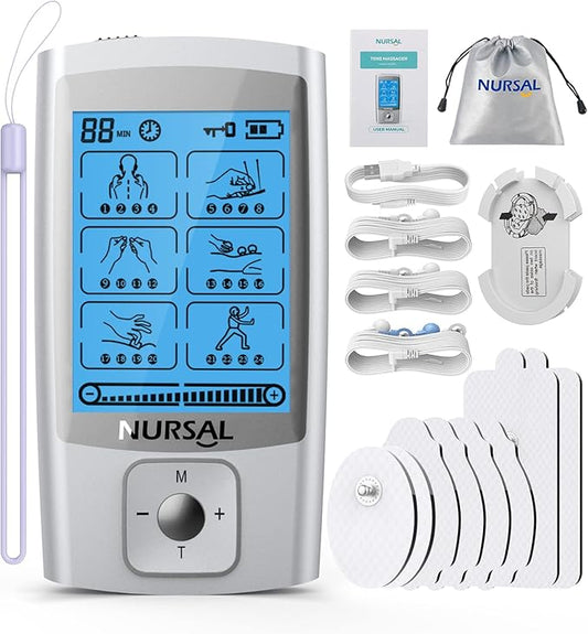 NURSAL 24 Modes TENS Unit Muscle Stimulator with Continuous Stimulation, Rechargeable Electronic Pulse Massager with 8 Pads for Back and Shoulder Pain Relief and Muscle Strength (Silver) - Bloomnest