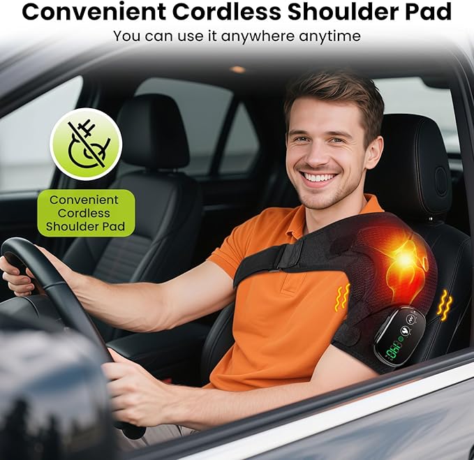 Cordless Shoulder Heating Pad with Vibration for Rotator Cuff Pain Relief, Heated Shoulder Massage Pad, Rotator Cuff Support Brace with 3 Heating Levels &3 Vibration (Black) - Bloomnest
