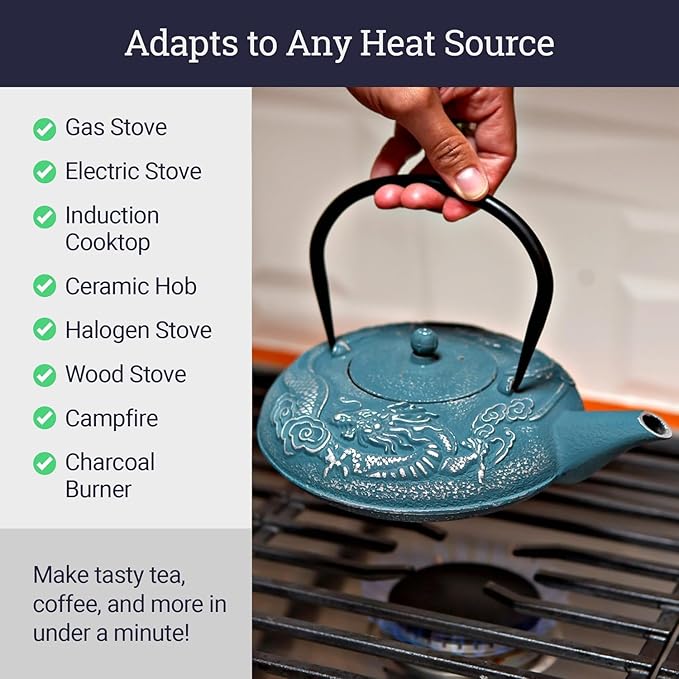 Large Cast Iron Tea Kettle Set - 40oz/1200ml Japanese Teapot with Infuser & Matching Trivet - Tetsubin Iron Tea Pot Japanese Style with Enamel Interior - Handcrafted Dragon Teapot Humidifier - Blue