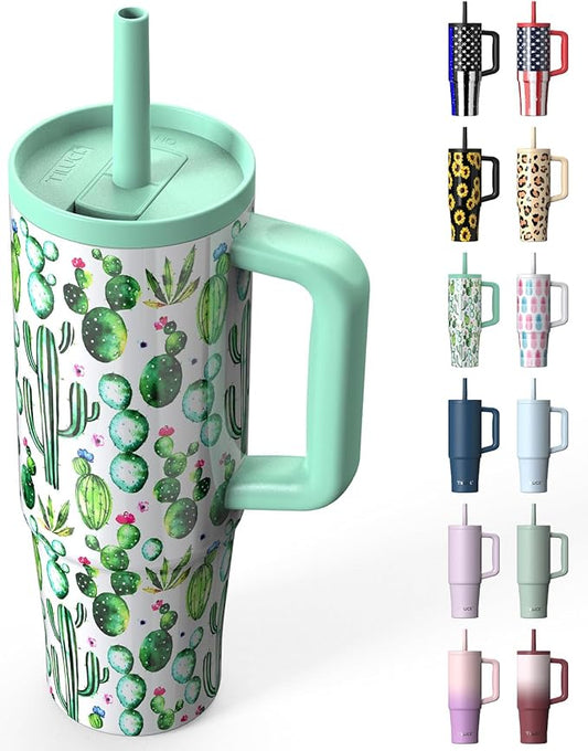 TILUCK 30 oz Tumbler with Handle, Vacuum Insulated Stainless Steel Travel Mug with 100% Leak-Proof Silicone Straw Lid, Cupholder Friendly Water Bottle(Cactus, 30oz)