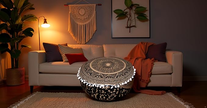 INDIAN CRAFT CASTLE ICC Mandala Barmeri Large Floor Pillow Cover Cushion Meditation Seating Ottoman Throw Cover Hippie Decorative Zipped Bohemian Pouf Ottoman Cases Black Gold, 24" Round - Bloomnest