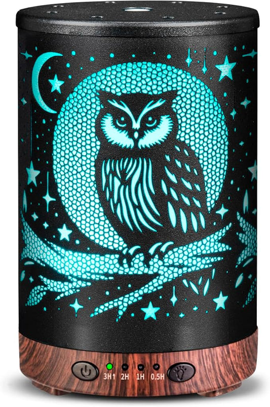 Essential Oil Diffuser 120ML Metal Aromatherapy Diffuser with Timer, Cool Mist Humidifier with Auto Shut-Off & 7 Color Lights for Home Office Spa (Owl) - Bloomnest