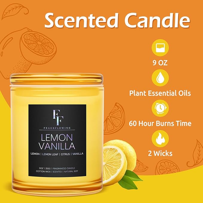Lemon Vanilla Scented Candle, 2-Wick Luxury Soy Wax Candle, 9 oz Aromatherapy Candle Home Fragrance Candles Gift - Bloomnest