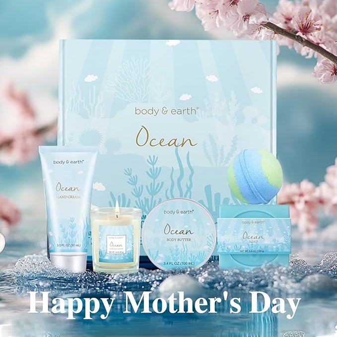 Gifts for Women, Bath and Body Womens Gift Sets with 5 Pcs Ocean Scented Spa Gifts for Women Bath Gift with Scented Candle Body Butter Hand Cream Bath Bomb Valentine‘s Day Gifts - Bloomnest