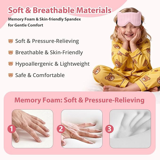Kids Sleep Mask, 3D Sleeping Eye Mask for Kids with Adjustable Elastic Strap, Bear Shape Eye Cover with Memory Foam, Soft & Light-Blocking, Gift for Boys Girls Teens Age 5–15 (Light Pink) - Bloomnest
