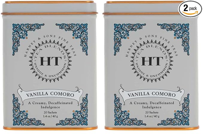 Harney & Sons Tea Decaffeinated, Great Present Idea, Vanilla Comoro, 1.4 oz Tin, 20 Count (Pack of 2) - Bloomnest