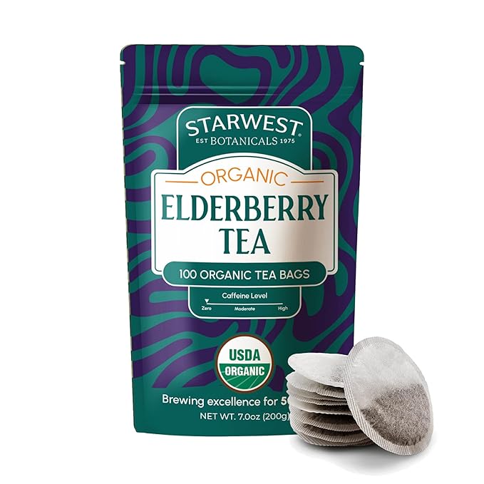 Starwest Botanicals Organic Elderberry Tea - Caffeine Free Herbal Tea Blend, Immune System Support, String Free Sachets, USDA Organic Elderberries & Elder Flower, Non GMO - Bulk Pack, 100 Tea Bags - Bloomnest