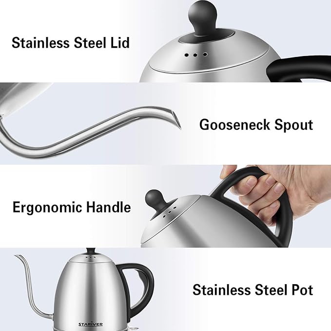 Stariver Electric Kettle Gooseneck Kettle, 1L Water Boiler, BPA-Free, Pour Over Tea Pot Stainless Steel for Coffee & Tea with Fast Heating, Auto-Shut Off and Boil-Dry Protection Tech - Bloomnest