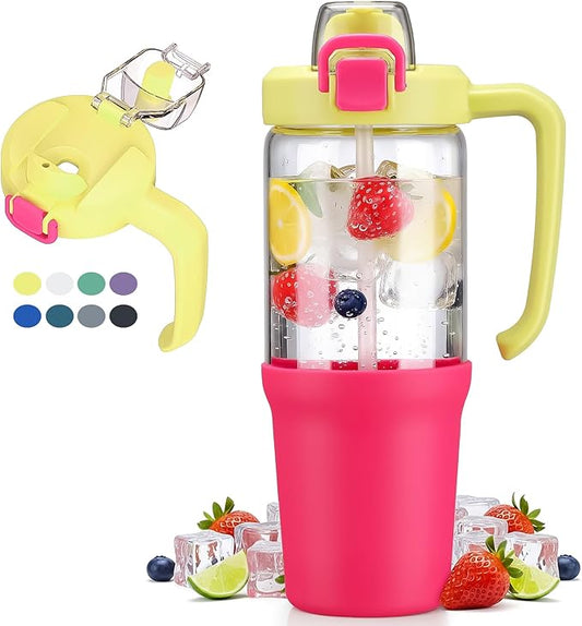 32 oz Glass Tumbler with Handle, 2-in-1 Straw and Sip Spout, Leakproof, BPA-Free Glass Water Bottle for Sports, Office, School, Bright Pink - Bloomnest