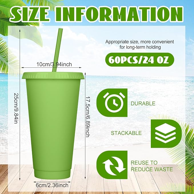 Honeydak 60 Pack Tumbler with Straw and Lid Bulk Water Bottle Iced Coffee Travel Mug Cup Reusable Plastic Cups for Party Birthdays 24-27 oz (Fresh Color) - Bloomnest