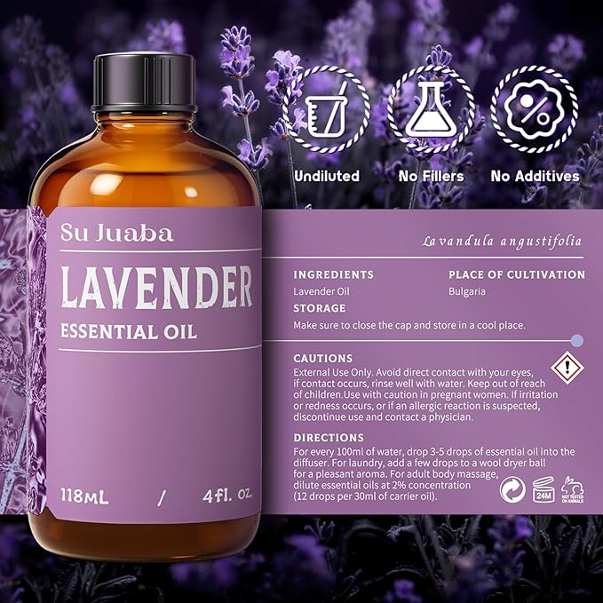 SU JUABA Lavender Essential Oil 4 Fl Oz, 100% Pure Natural Aromatherapy Oil for Diffuser, Skin Care, Relaxation, Sleep, Wool Dryer Balls - 118ML Bloomnest