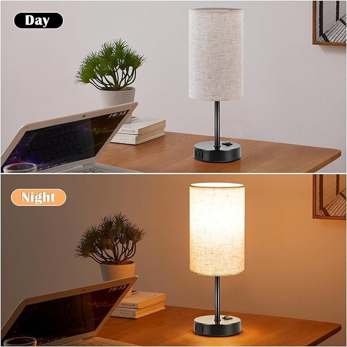 ZJOJO Table Lamp for Bedroom Set of 2, Bedside Small Lamps with 3 Way Dimmable Rocker Switch and AC Outlet, Nightstand Desk Lamp with Flaxen Fabric Shade Black Base for Living Room Home Decor Lights - Bloomnest