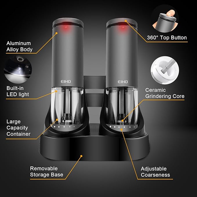 Electric Salt and Pepper Grinder Set Rechargeable, External Adjustable Coarseness, Automatic Salt & Pepper Shakers Mills, Kitchen Gadgets,Stocking Stuffers Christmas Cooking Gifts for Adults Men Women - Bloomnest