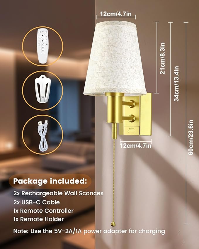 Rechargeable Wall Lights Gold Remote Control, 5200mAh Detachable Battery Wall Sconces, Wireless 16 Colors Timer & Dimmable Battery Wall Lamp for Bedroom, Living Room, Hallway - Bloomnest