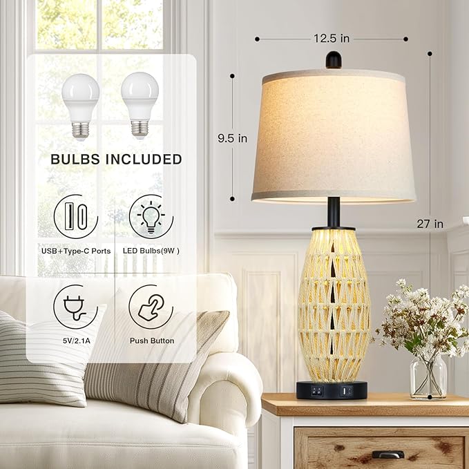 27“ Beige Boho Rattan Table Lamps with Night Light, Natural Bedroom Lamps Set of 2 with USB A+C Charging Ports, Rustic Farmhouse Woven Wicker Bedside Nightstand Lamp for Living Room End Tab - Bloomnest