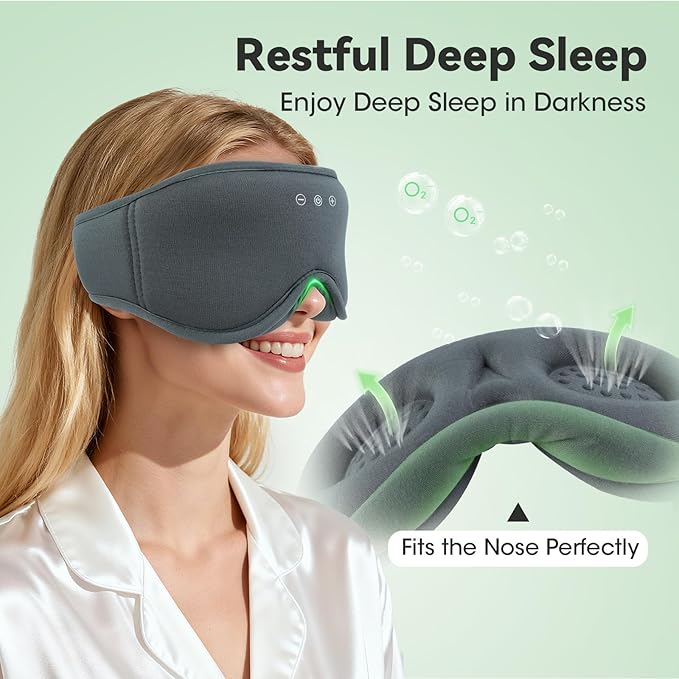3D Bamboo Cotton Sleep Mask with Bluetooth 5.4 Headphone, Music Wireless Bluetooth Blackout Eye Mask for Side Sleepers, Earphones HD Speaker Microphone for Travel, Gifts for Women Men, Grey - Bloomnest