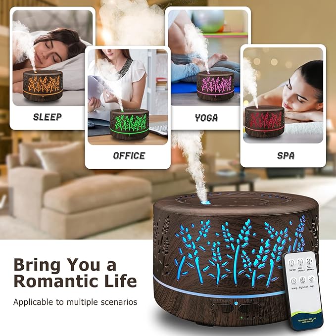 Diffusers for Essential Oils Large Room 600ml,Essential Oil Diffusers for Home with R/C,Cool Mist Humidifier,7 Colors Lights & 3 Mist Mode Waterless Auto Off for Office - Bloomnest
