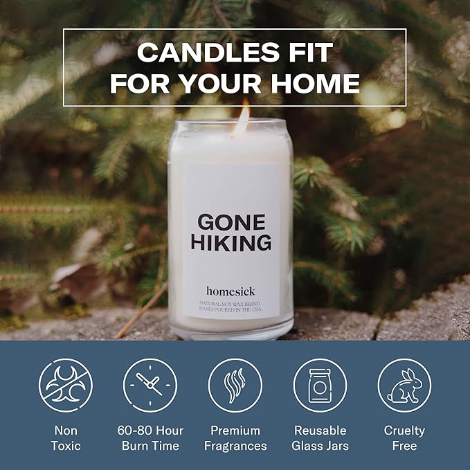 Homesick Scented Candles for Home (Gone Hiking) - 13.75 oz Long-Lasting Natural Soy Wax Blend Jar Candle Gifts for Women & Men, 60-80 Hours Burn Time - Notes of Pine, Jasmine & Sandalwood - Bloomnest