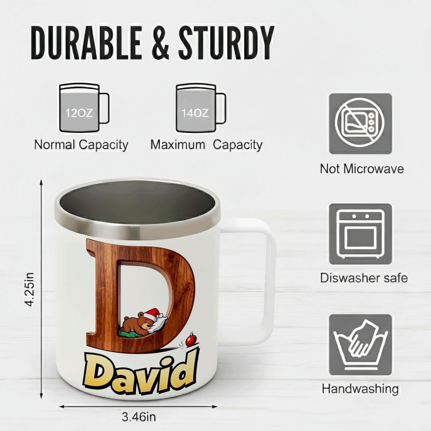 JugJug Personalized Christmas Mug with Initial & Name - Cute Sleeping Bear 12oz Insulated Coffee Cup w/Lid - Xmas Gifts for Kids, Boys, Girls (B175)