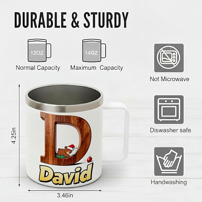 JugJug Personalized Christmas Mug with Initial & Name - Cute Sleeping Bear 12oz Insulated Coffee Cup w/Lid - Xmas Gifts for Kids, Boys, Girls (B175) - Bloomnest