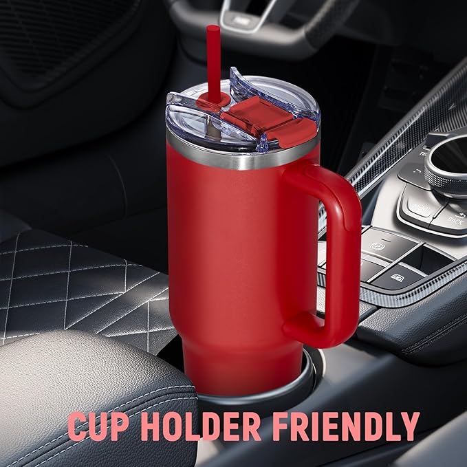 40 oz Tumbler with Handle and Straw Lid,Insulated Reusable Stainless Steel Water Bottle Travel Mug，Cupholder Friendly Double Wall Vacuum Sealed Cup (Cherry Red) - Bloomnest