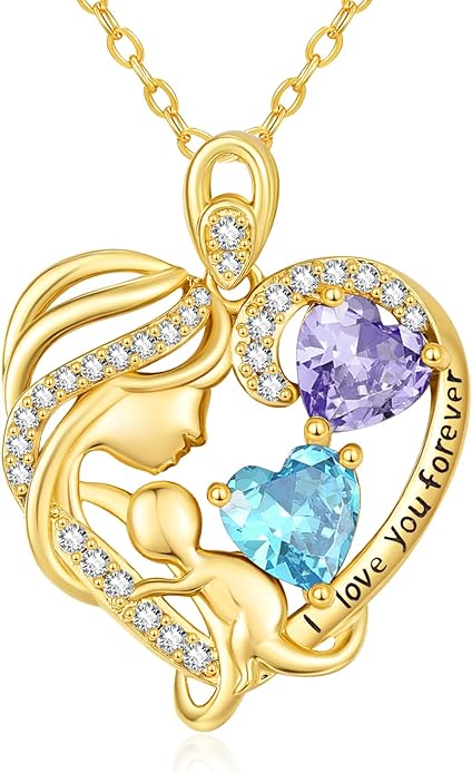 14K Gold Double Birthstone Heart Necklace for Women Mom, Mother Son/Daughter Pendant Necklace for Christmas Mother's Day Birthday Gifts for Wife Daughter Grandmom - Bloomnest