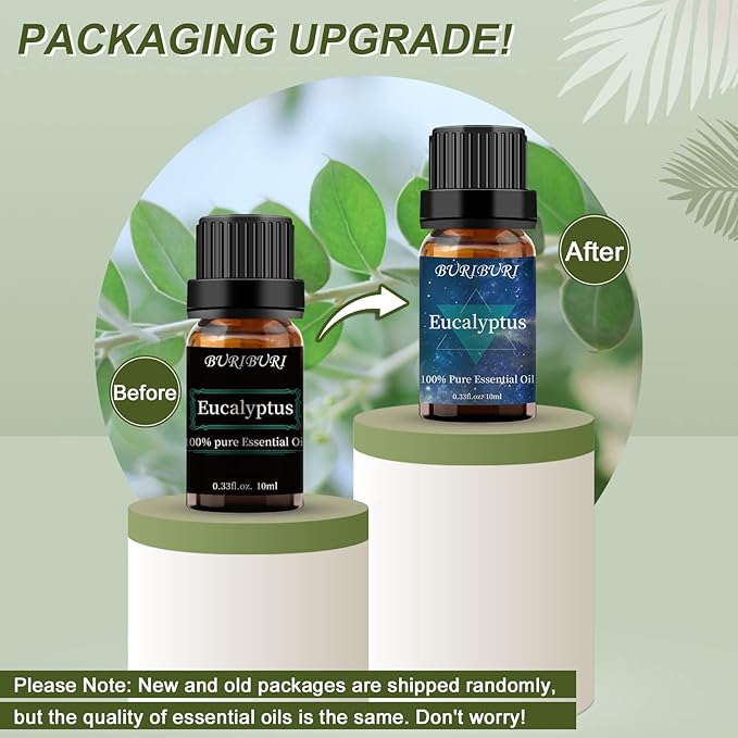 BURIBURI Eucalyptus Oil and Peppermint Essential Oil, 100% Pure, Undiluted, Natural, Organic Aromatherapy Eucalyptus Essential Oils Gift Set, 10MLx2 BURIBURI