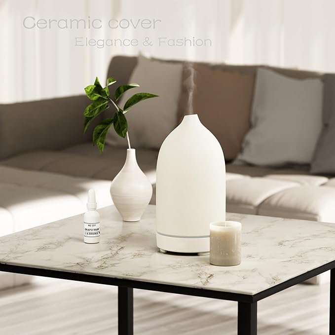 Essential Oil Diffusers,Handmade Ceramic Aromatherapy Diffuser for Room and 9 Colors Night Light for Home,Auto-Off (White) - Bloomnest