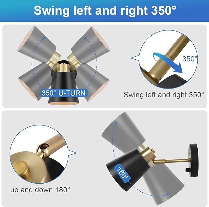 Wall Sconce Plug in, Dimmable Wall Sconces Adjustable Wall Lights with Plug in Cord and Dimmer On/Off Rotary Switch, Wall Mounted Light for Bedside Bedroom LivingRoom(2 Bulbs Included) - Bloomnest