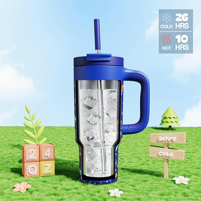 24 oz Stainless Steel Tumbler for Children: Durable Handle, Easy to Clean, Straw Gulp Lid, Car Cup Holder Friendly, Insulated Cup for Sport, Hiking, Carry, Adventures, Bag, Classroom (Space Rocket) - Bloomnest
