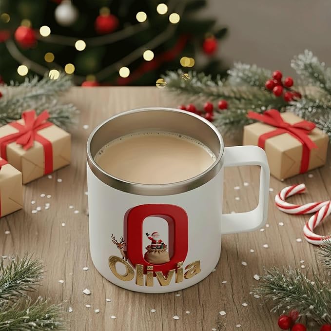 Personalized Christmas Insulated Coffee Mug with Handle – Custom Initial Letter Double Wall Stainless Steel Travel Tumbler for Hot & Cold Drinks – Unique Holiday Gift for Men, Women, & Kids(B111) - Bloomnest
