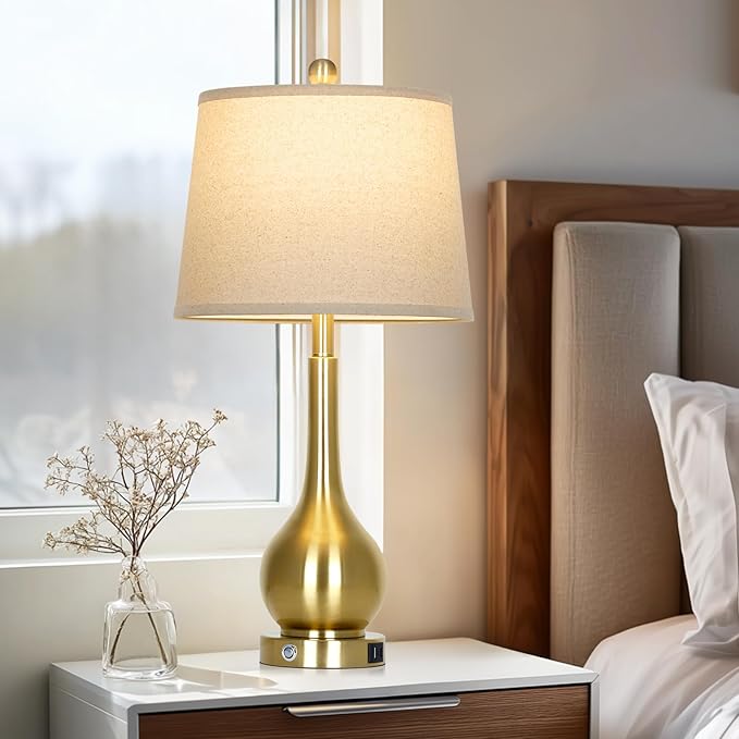 26" Gold Table Lamps Set of 2 for Living Room, Touch Control Bedroom Lamps for Nightstand, 3-Way Dimmable Bedside Lamp with USB A+C Port (2 LED Bulbs Included) - Bloomnest