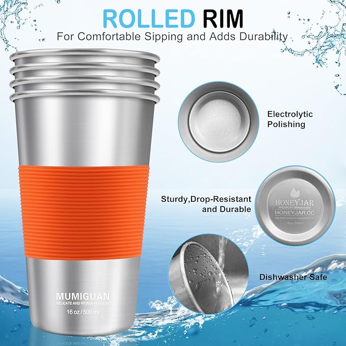 16 oz Stainless Steel Pint Cups with Silicone Sleeves 16oz/500ml (4 Pack), Water Tumbler, Camping Stainless Steel Pint Cups, Stackable Metal Drinking Glasses, BPA Free, Stackable, Durable. - Bloomnest