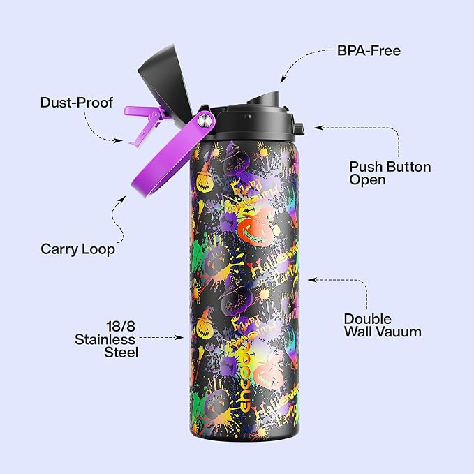 Insulated Water Bottle with Straw - Encool Stainless Steel Water Bottle with Push Button Lid, Leak-Proof & BPA-Free, Keeps Cold for 24 Hours for Sports, Travel, Gym (32 oz, Ghost Party) ENCOOL