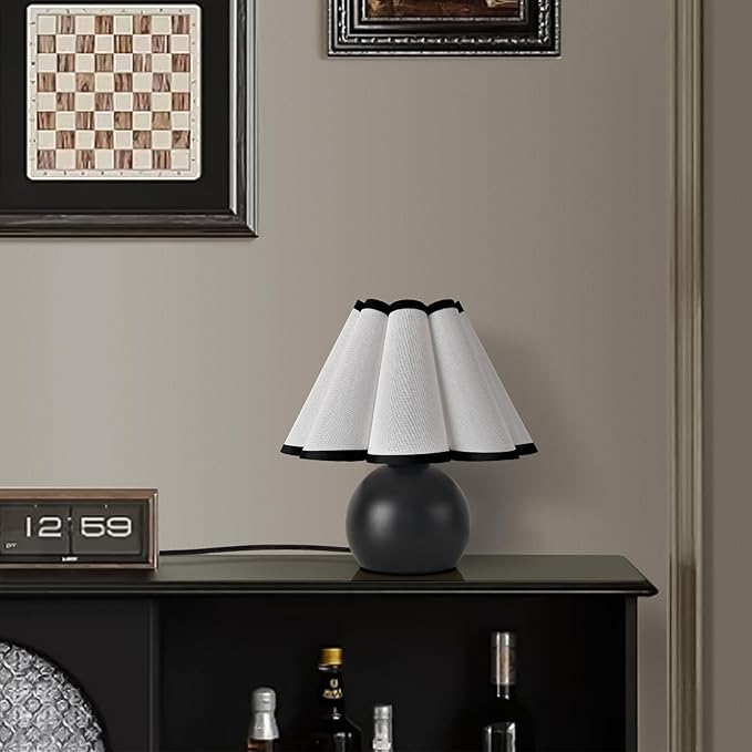 Matte Black Small Bedside Mini Table Lamp for Bedroom, Cute Bedroom Lamps for Nightstand, Cute Mini Table Lamps for Small Spaces with Scalloped Shade for Kitchen Counter, Bookshelf, Kids Dorm, Office - Bloomnest