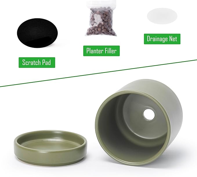 D'vine Dev Set of 2 Plants Pots, 4.7 Inch Ceramic Planter Pot for Plants with Drainage Hole and Saucer, Olive, 94-V-B-J - Bloomnest