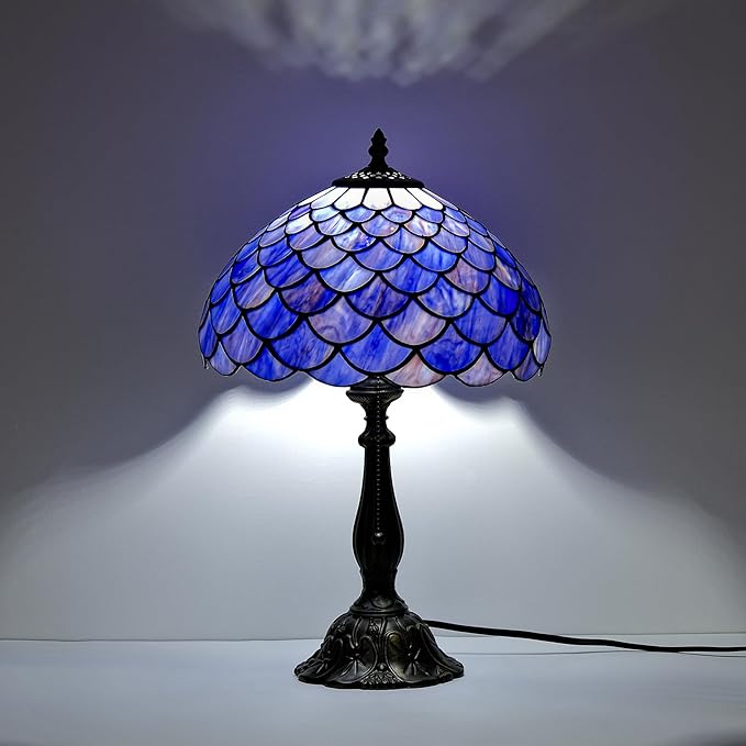 Tiffany Style Table Lamp Vintage Stained Glass Desk Lamp Deep Blue Purple Fish Scales Bedside Reading Light Decor Bedroom Living Room Home Office D12 xH18 - Bloomnest